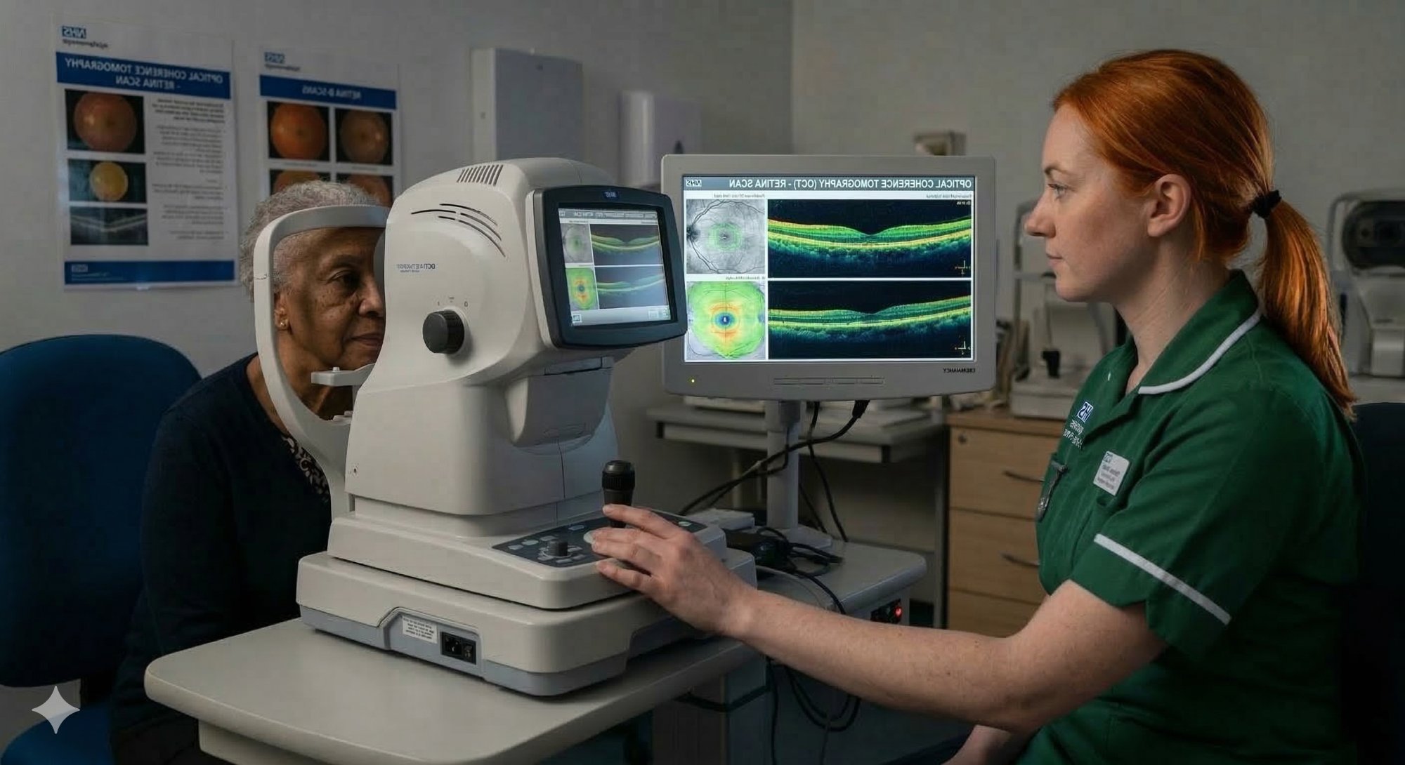 Nurse performing OCT scan with patient