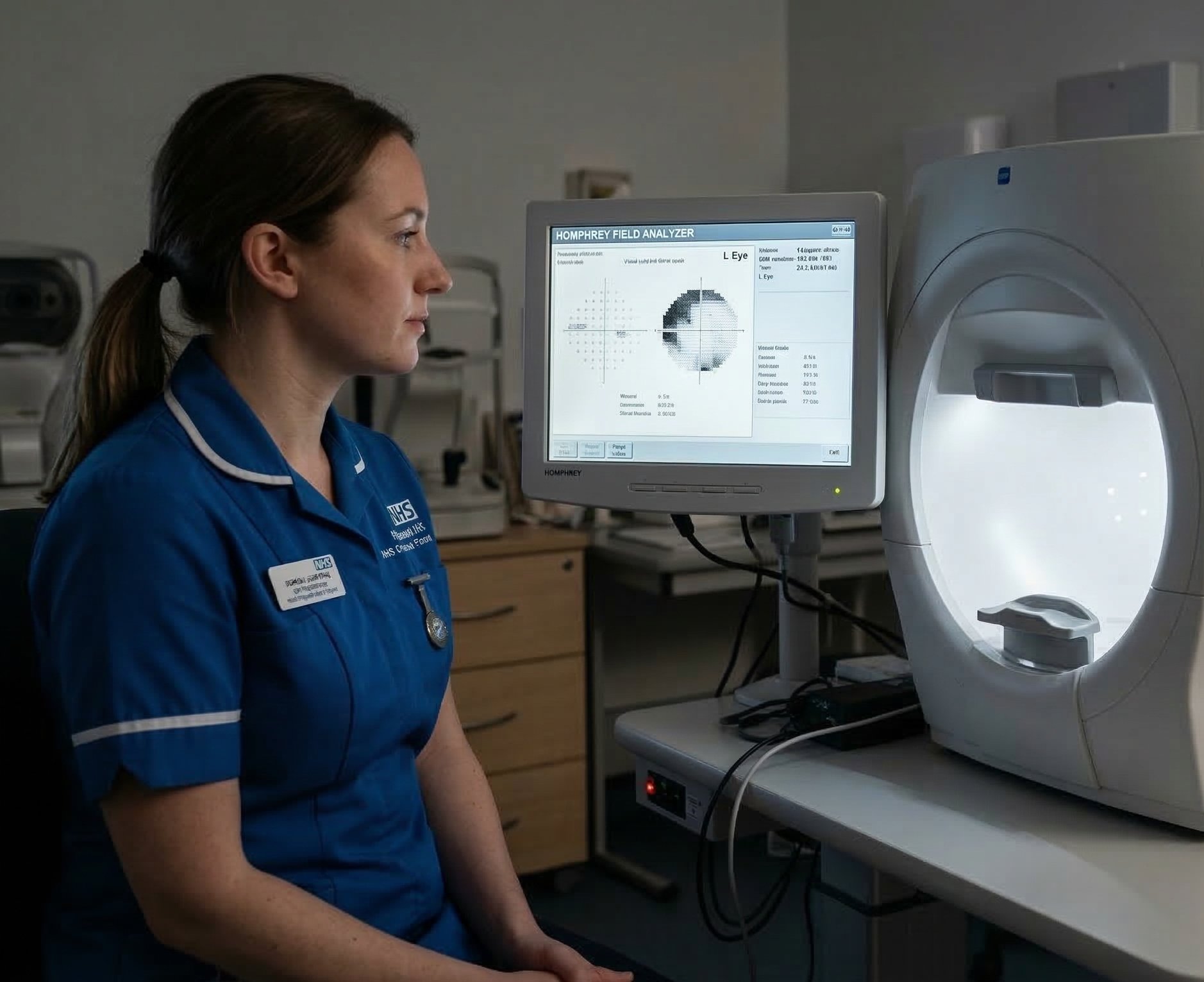 NHS clinician reviewing Humphrey visual field analyser results